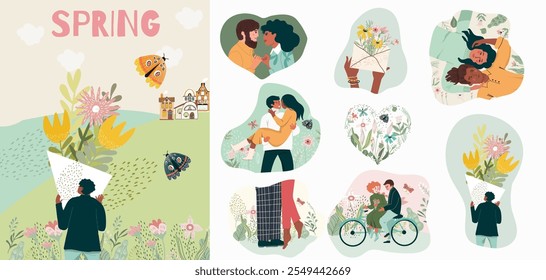 Set of cute illustrations with people and spring nature. Spring, bloom, love, relationship. Vector design.