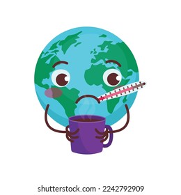 Conjunto de ilustraciones lindas con el planeta Tierra. La Tierra está enferma, mide la temperatura y bebe una bebida caliente.