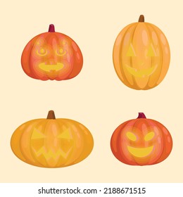 Set of cute illustrations of a pumpkin with a candle inside Halloween.Orange and red pumpkin in different shapes.Helloween with a festive pumpkin for an October party.Isolated flat vector illustration