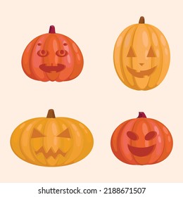 Conjunto de lindas ilustraciones de una calabaza con la cara de Halloween. Calabaza naranja y roja de diferentes formas. Helloween con una calabaza festiva para una fiesta de octubre. Ilustración vectorial plana aislada 