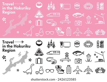 Set of cute illustrations representing the Hokuriku region.