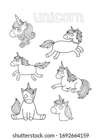 Set of cute illustrations of the unicorn for the coloring page or a book. Black outlines isolated on white. Lovely vector drawing.