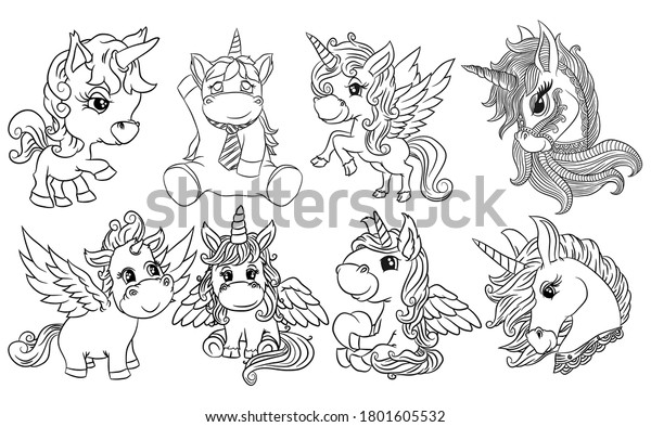 set cute illustrations unicorn coloring page stock vector