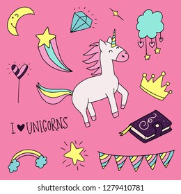 Set of cute illustrations of unicorn in doodle style.