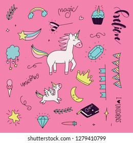 Set of cute illustrations of unicorn in doodle style.
