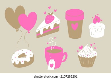 Set of cute illustrations for Valentine's Day cards design: strawberry cake, coffee cup, candle, balloons, donut, a cup of tea, cupcake with heart elements.