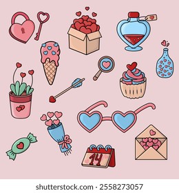 Set of cute illustrations for Valentine's Day, envelope, box with hearts, flowers, calendar, heart castle, cupcake, glasses, arrow