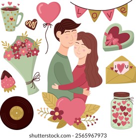 Set of cute illustrations for Valentine's Day with a couple hugging, candies, agarland, a balloon, a card, hearts, romantic music on a record and other elements of the holiday.