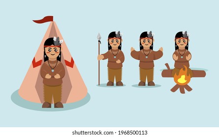 Set of cute Indian native American mascot design illustration
