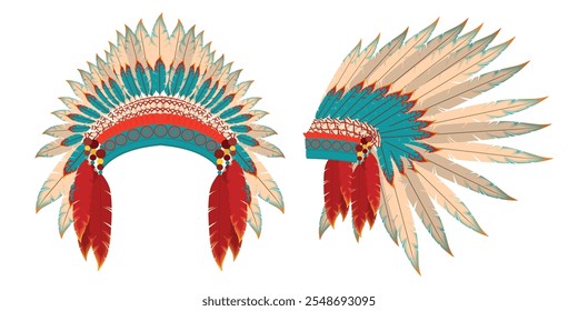 Set of cute Indian roaches in cartoon style. Vector illustration of traditional Indian chieftain headdresses with feathers, patterns, beads isolated on white background. Side view, front view.