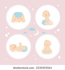 Set of cute infant babies. Cartoon newborn baby in various poses. Design for gretting cards or invitation. Flat vector illustration.