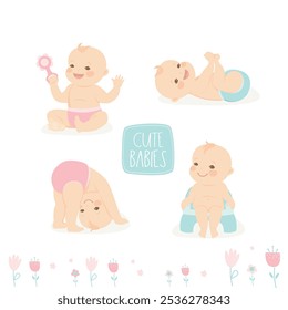 Conjunto de bebês infantis bonitos. Desenho animado bebê recém-nascido em várias poses. Isolado no fundo branco. Ilustração de vetor plano