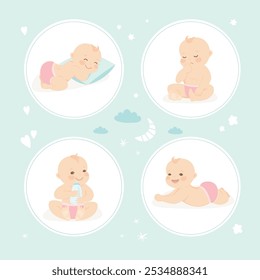 Set of cute infant babies. Collection of cartoon newborn baby in various poses. Design for gretting cards or invitation. Flat vector illustration.