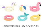 A set with cute inflatable pool floats. Fun summer swimming ring in shape of a unicorn, duck, flamingo, donut and fish. Isolated on white