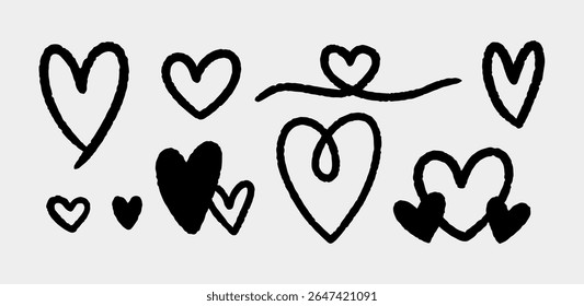 Um conjunto de corações de tinta bonitos isolados em um fundo cinza. Ilustração à mão desenhada de vetor em estilo doodle. Perfeito para cartões, decorações, vários projetos.