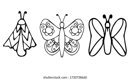 Set of cute insect moth butterflies in doodle style. Black cartoon sketch. Print for coloring, t-shirt, cup, baby clothes. Vector stock illustration on white isolated background.