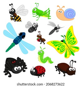 Juego de adorables insectos abeja saltamontes libélula mosca mosca mosquitera mosquitera mariposa oruga gusano araña cucaracha cucaracha de mariposa. Ilustración vectorial de dibujos animados para niños