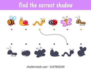 Set of cute insects, bee, worm, ant, butterfly, dragonfly, bee, snail. Find the correct shadow. Educational game for children. Cartoon vector illustration, color clipart.