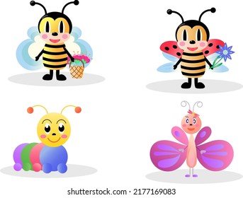 Set cute insects. Bright vector illustration in cartoon style. Butterfly, bee, caterpillar, ladybug.
