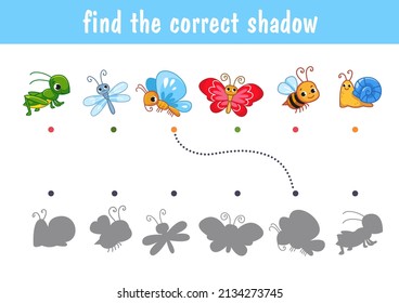 Set of cute insects, bumblebee, butterfly, dragonfly, bee, snail. Find the correct shadow. Educational game for children. Cartoon vector illustration, color clipart.
