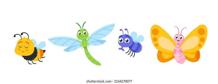 Set of Cute Insects Cartoon Characters. Butterfly, Bee, Dragonfly or Fly Isolated on White Background. Funny Childish Personages for Book or Game, Summer Natural Creatures. Vector Illustration