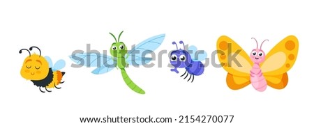 Set of Cute Insects Cartoon Characters. Butterfly, Bee, Dragonfly or Fly Isolated on White Background. Funny Childish Personages for Book or Game, Summer Natural Creatures. Vector Illustration