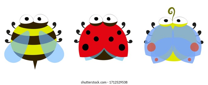 Set of cute insects in cartoon style on a white background. Kawaii. Ladybug, butterfly and bee. EPS10 vector illustration