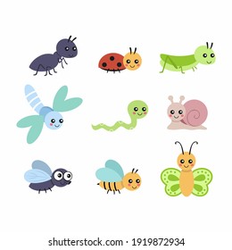 A set with cute insects for a children's book. Small characters with big eyes. Vector illustration in the cartoon style.