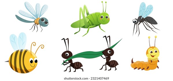 A set with cute insects for a children's book. Small characters with big eyes. Vector illustration in the cartoon style.