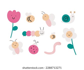 Set with cute insects and flowers. Colorful vector illustration in a flat style. Butterflies, bee, ladybug, caterpillar, worm, snail and flowers isolated on a white background.