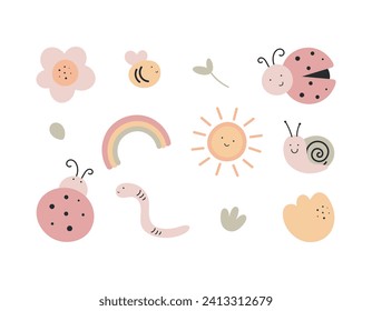 Set with cute insects, flowers. Colorful vector illustration in a flat style. Bee, ladybug, worm, rainbow, sun, snail and flowers isolated on a white background.	