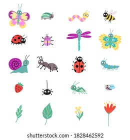 Set with cute insects isolated on white background. Ladybug, butterfly, snail, dragonfly, beetle, spider, caterpillar, worm, fly, bee, ant.