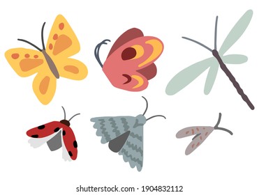Set of cute insects isolated on white. Hand drawn vector stock illustrations. Colored cartoon doodles. Drawing of butterflies, dragonfly, ladybug, moth. Elements for design, postcard, print, stickers.