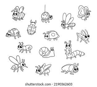 Set of cute insects for kids design in doodle syle. Ladybug, caterpillar, spider, butterfly, ant, fly, beetle, grasshopper, snail and mosquito in cute childlich drawing. Illustration for coloring.