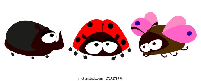 Set of cute insects on a white background. Butterfly, ladybug and rhino beetle in kawaii style. Collection of funny toon cartoons. EPS10 vector illustration