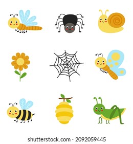Set of cute insects on white background.