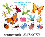 Set of cute insects and snail vector illustration. Cartoon characters in flat style: dragonfly, butterfly, beetle, grasshopper, moth, ladybug, stag beetle, bee, cockchafer, snail.