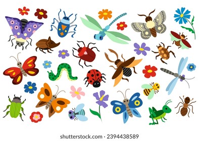 Set of cute insects. Stickers or icons with butterfly, caterpillar, ant, ladybug, beetle, dragonfly and bee. Hand drawn flying garden bugs. Cartoon flat vector collection isolated on white background