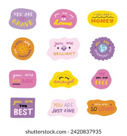 Set of cute inspirational and compliment quotes in speech bubbles. Handwritten lettering phrases about love for others, motivation for yourself. Doodle typography for stickers, poster, card, print.