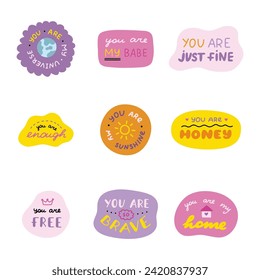 Set of cute inspirational and compliment quotes in speech bubbles. Handwritten lettering phrases about love for others, motivation for yourself. Doodle typography for stickers, poster, card, print.