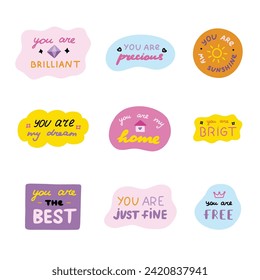 Set of cute inspirational and compliment quotes in speech bubbles. Handwritten lettering phrases about love for others, motivation for yourself. Doodle typography for stickers, poster, card, print.