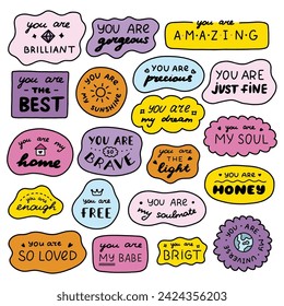 Set of cute inspirational and compliment quotes in speech bubbles. Handwritten lettering phrases about love for others, motivation for yourself. Colorful doodle typography for poster, card, print.