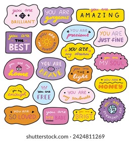 Set of cute inspirational and compliment quotes in speech bubbles. Handwritten lettering phrases about love for others, motivation for yourself. Colorful doodle typography for poster, card, print.