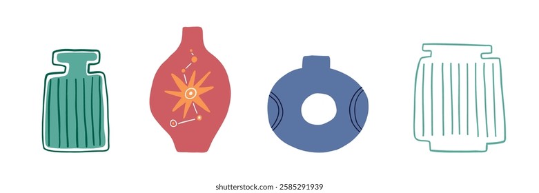 Set of cute interesting vase drawn in flat style. Interior, vase, decoration. Hand drawn vector illustration.