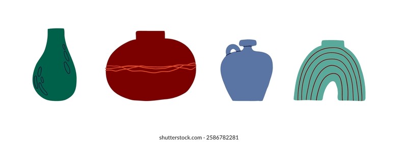 Set of cute interesting vase drawn in flat style. Interior, vase, decoration. Hand drawn vector illustration.