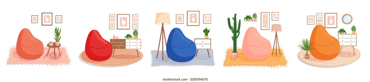 Set of cute interiors with beanbags. Cute interior with modern furniture and plants. Vector flat style illustration. Trendy apartment, living room. Collection.