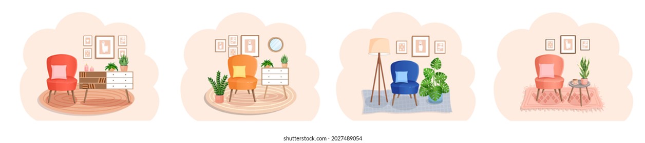 Set of cute interiors with an chair. Cute interior with modern furniture and plants. Living room interior. Vector flat style illustration. Trendy scandinavian hygge apartment. Collection.