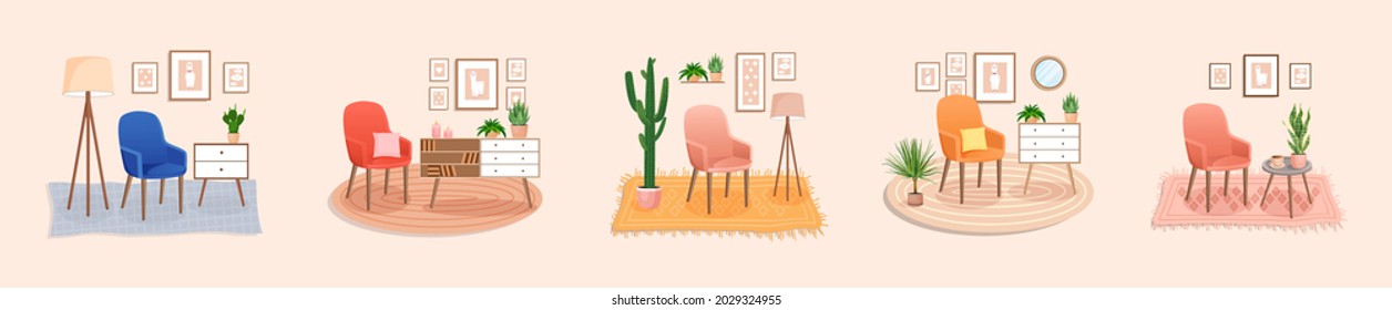 Set of cute interiors with an chair. Cute interior with modern furniture and plants. Living room interior. Vector flat style illustration. Trendy scandinavian hygge apartment. Collection.