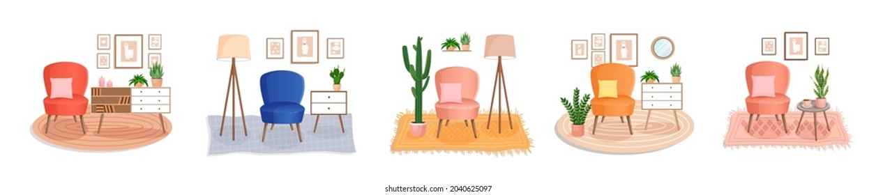 Set of cute interiors with an chair. Cute interior with modern furniture and plants. Living room interior. Vector flat style illustration. Trendy scandinavian hygge apartment. Collection.