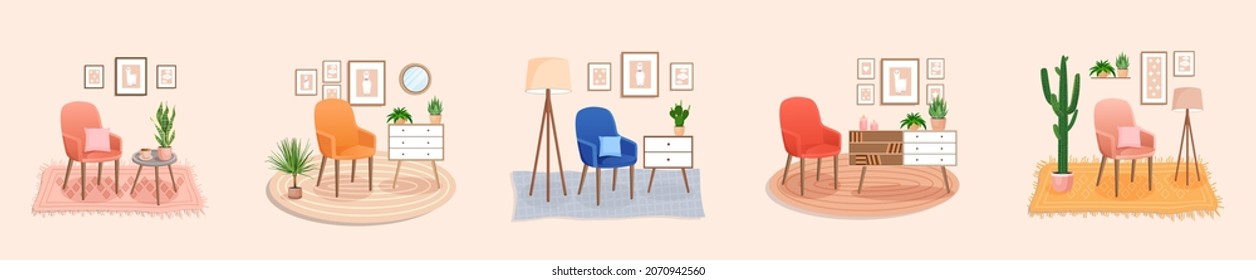 Set of cute interiors with an chair. Cute interior with modern furniture and plants. Living room interior. Vector flat style illustration. Trendy scandinavian hygge apartment. Collection